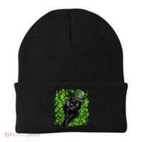 St Patrick Day Black Cat 3 Leaf Clover Kitten Lover Irish Beanie thumb 0