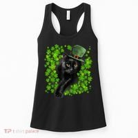 St Patrick Day Black Cat 3 Leaf Clover Kitten Lover Irish Women's Tank Top thumb 0