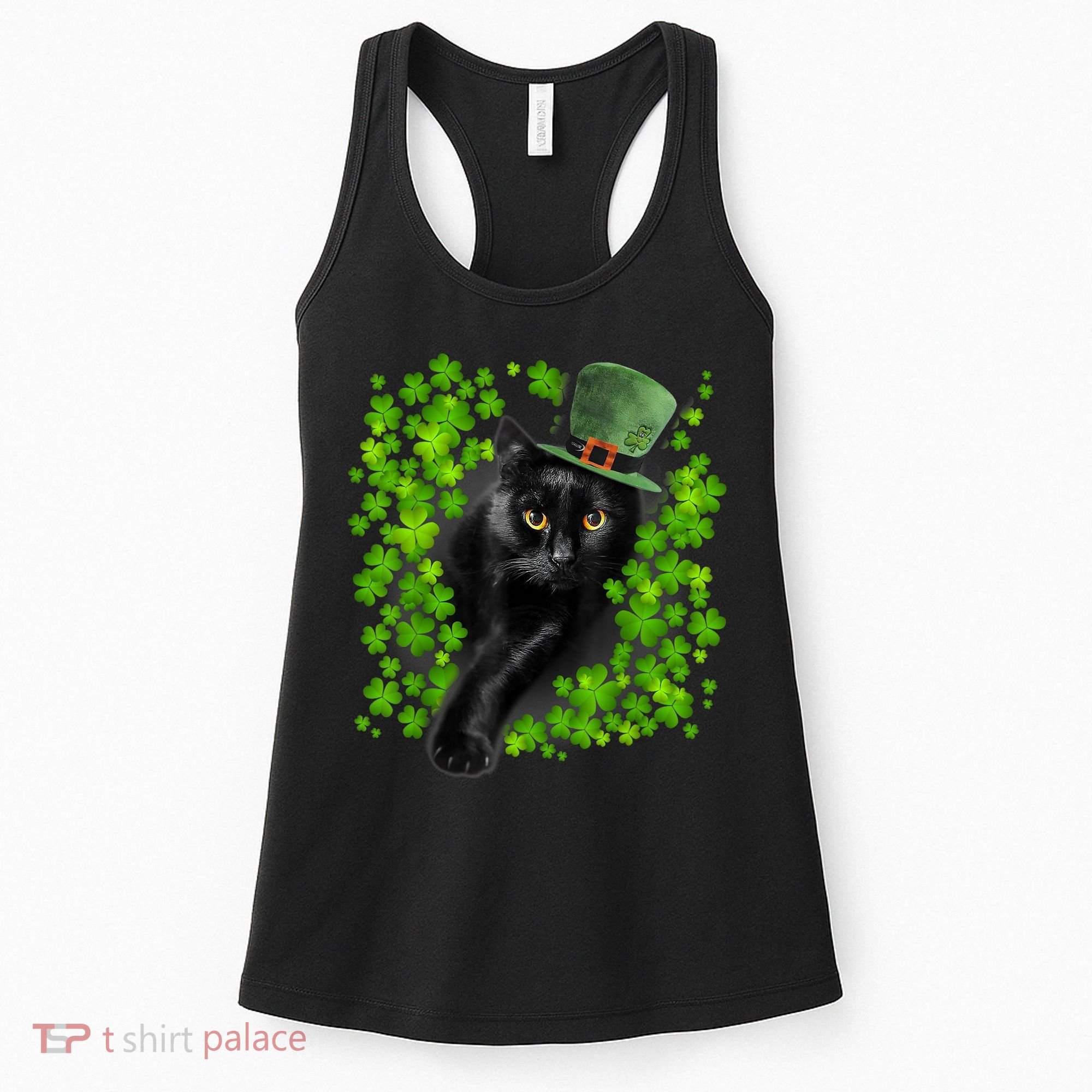 St Patrick Day Black Cat 3 Leaf Clover Kitten Lover Irish Women's Tank Top