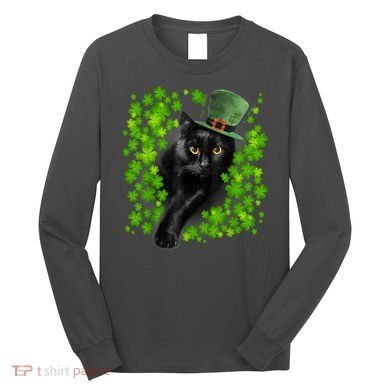 St Patrick Day Black Cat 3 Leaf Clover Kitten Lover Irish Long Sleeve Shirt