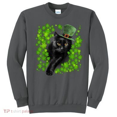 St Patrick Day Black Cat 3 Leaf Clover Kitten Lover Irish Sweatshirt