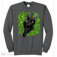 St Patrick Day Black Cat 3 Leaf Clover Kitten Lover Irish Sweatshirt thumb 0