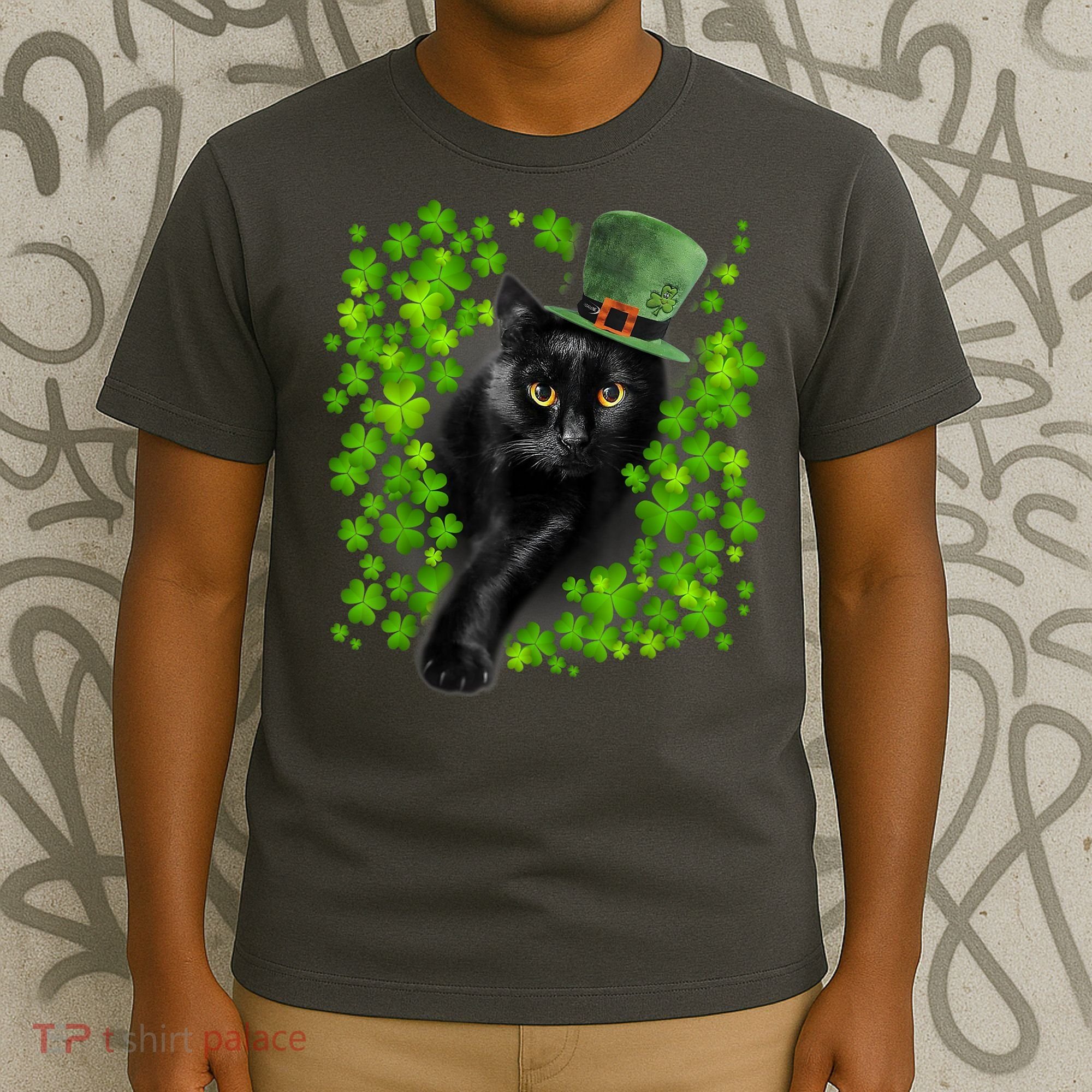 St Patrick Day Black Cat 3 Leaf Clover Kitten Lover Irish T-Shirt