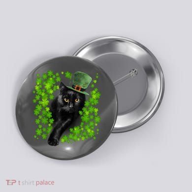 St Patrick Day Black Cat 3 Leaf Clover Kitten Lover Irish Button