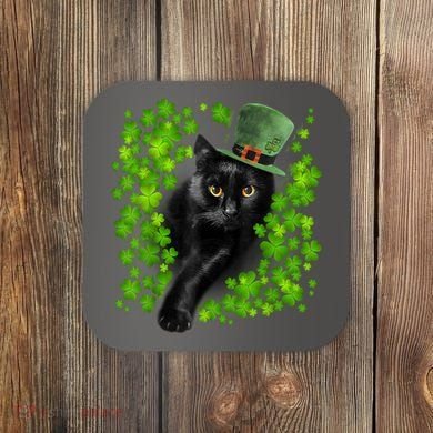 St Patrick Day Black Cat 3 Leaf Clover Kitten Lover Irish Coaster