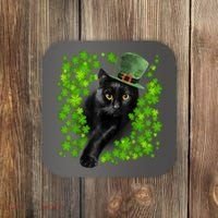 St Patrick Day Black Cat 3 Leaf Clover Kitten Lover Irish Coaster thumb 0