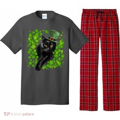 St Patrick Day Black Cat 3 Leaf Clover Kitten Lover Irish Pajama Set