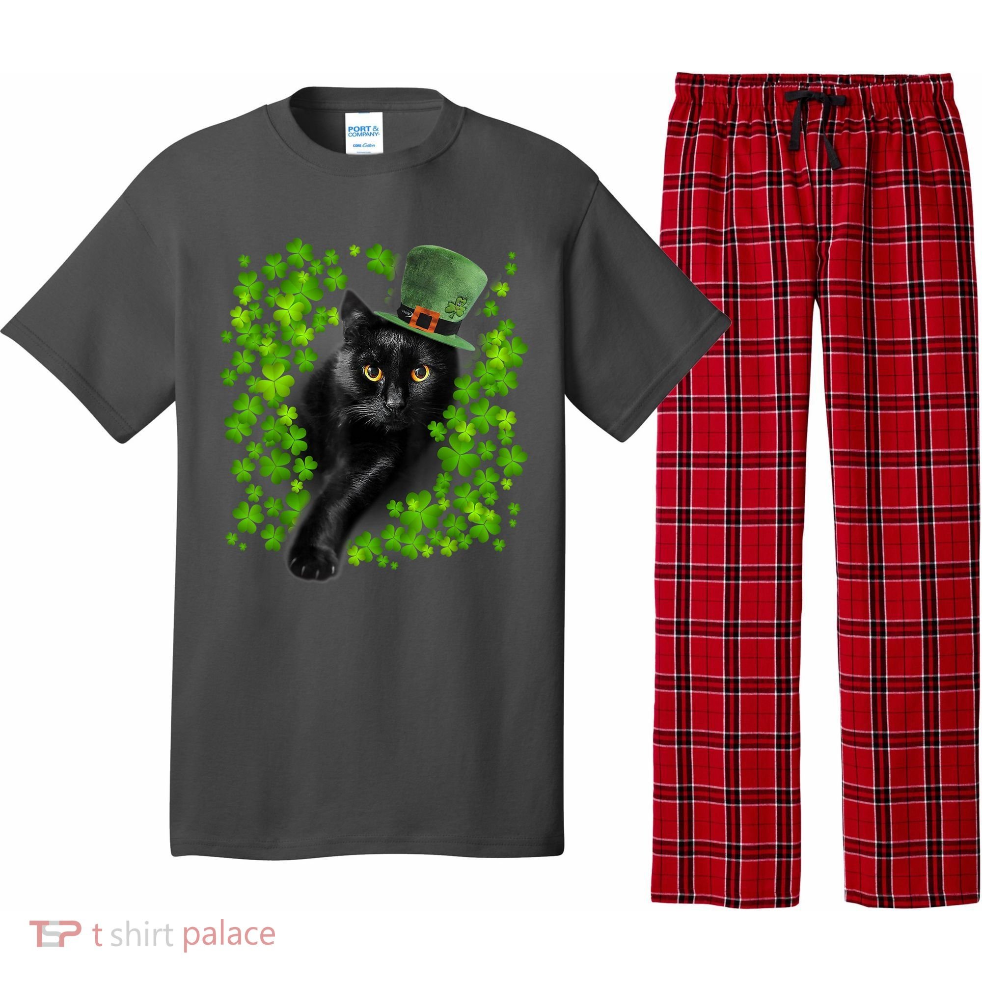 St Patrick Day Black Cat 3 Leaf Clover Kitten Lover Irish Pajama Set