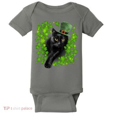 St Patrick Day Black Cat 3 Leaf Clover Kitten Lover Irish Baby Bodysuit