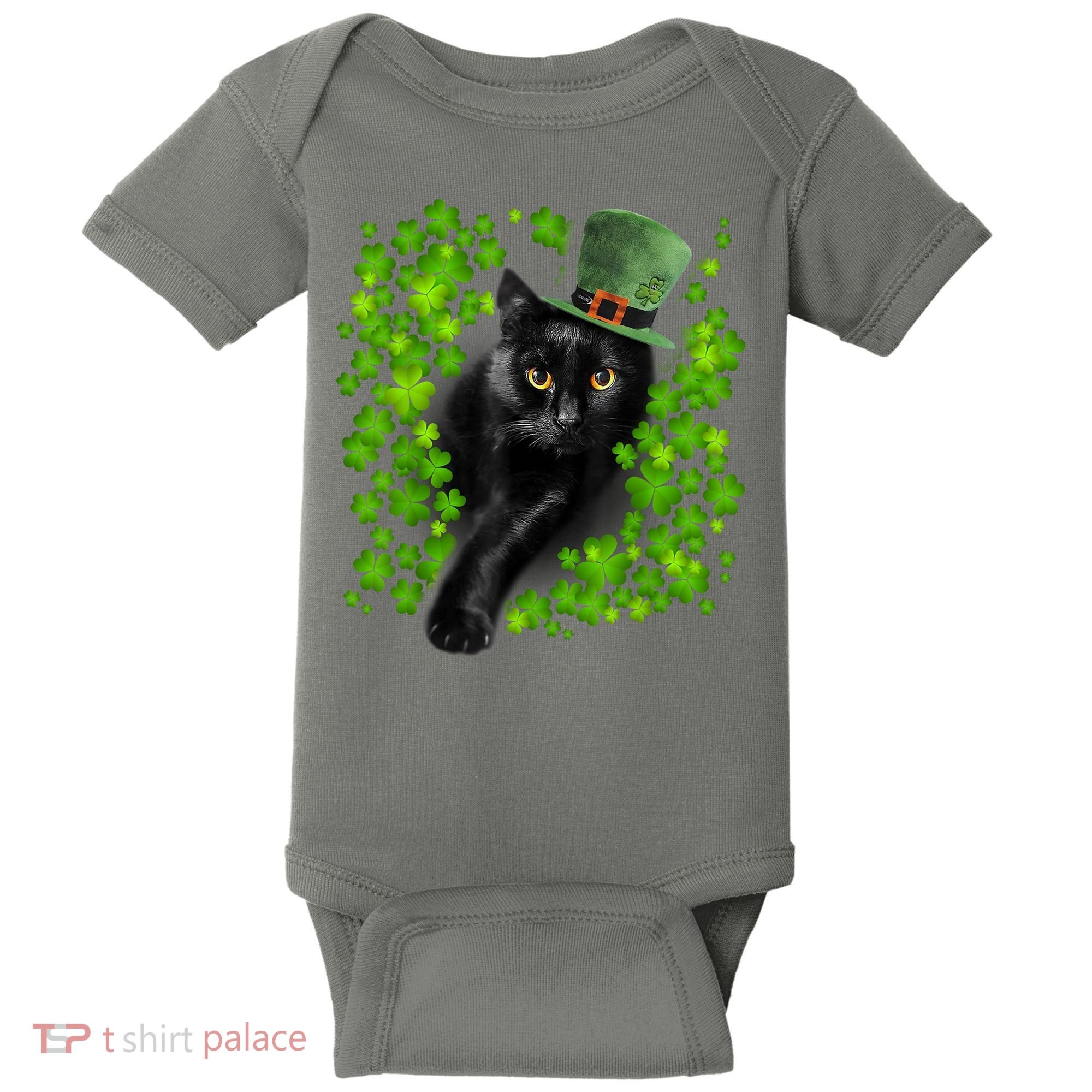 St Patrick Day Black Cat 3 Leaf Clover Kitten Lover Irish Baby Bodysuit
