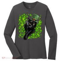 St Patrick Day Black Cat 3 Leaf Clover Kitten Lover Irish Women's Long Sleeve Shirt thumb 0