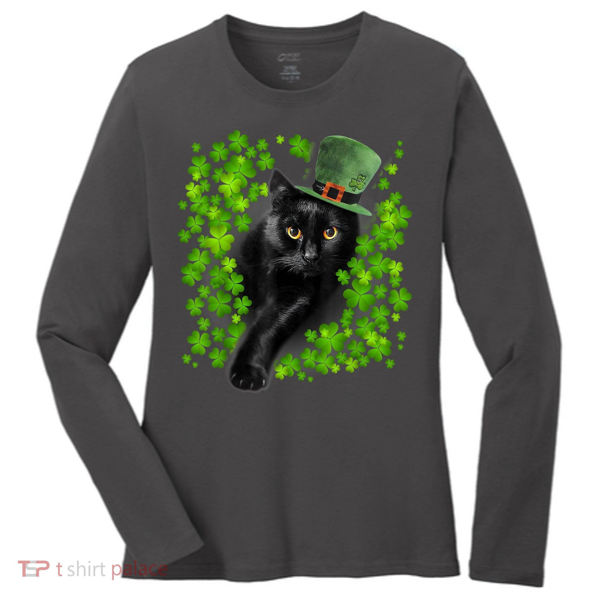St Patrick Day Black Cat 3 Leaf Clover Kitten Lover Irish Women's Long Sleeve Shirt