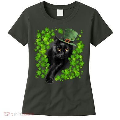 St Patrick Day Black Cat 3 Leaf Clover Kitten Lover Irish Women's T-Shirt