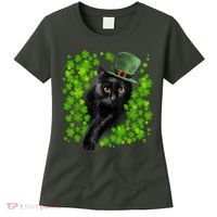 St Patrick Day Black Cat 3 Leaf Clover Kitten Lover Irish Women's T-Shirt thumb 0