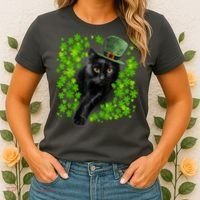 St Patrick Day Black Cat 3 Leaf Clover Kitten Lover Irish Women's T-Shirt thumb 2