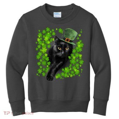 St Patrick Day Black Cat 3 Leaf Clover Kitten Lover Irish Kids Sweatshirt