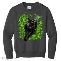St Patrick Day Black Cat 3 Leaf Clover Kitten Lover Irish Kids Sweatshirt thumb 0
