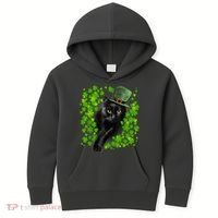 St Patrick Day Black Cat 3 Leaf Clover Kitten Lover Irish Kids Hoodie thumb 0