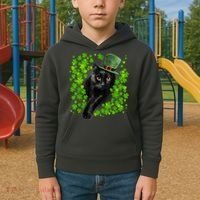 St Patrick Day Black Cat 3 Leaf Clover Kitten Lover Irish Kids Hoodie thumb 2