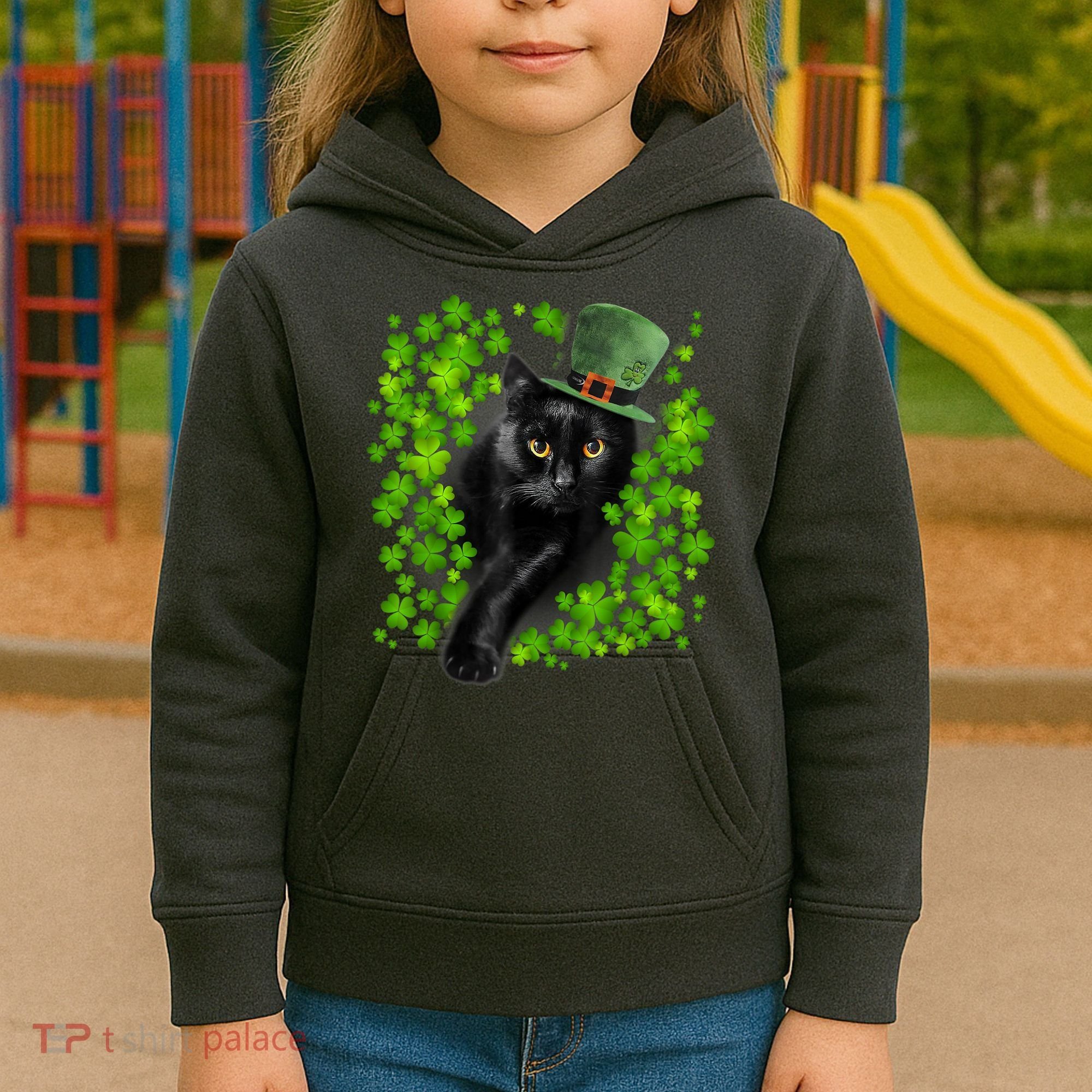 St Patrick Day Black Cat 3 Leaf Clover Kitten Lover Irish Kids Hoodie