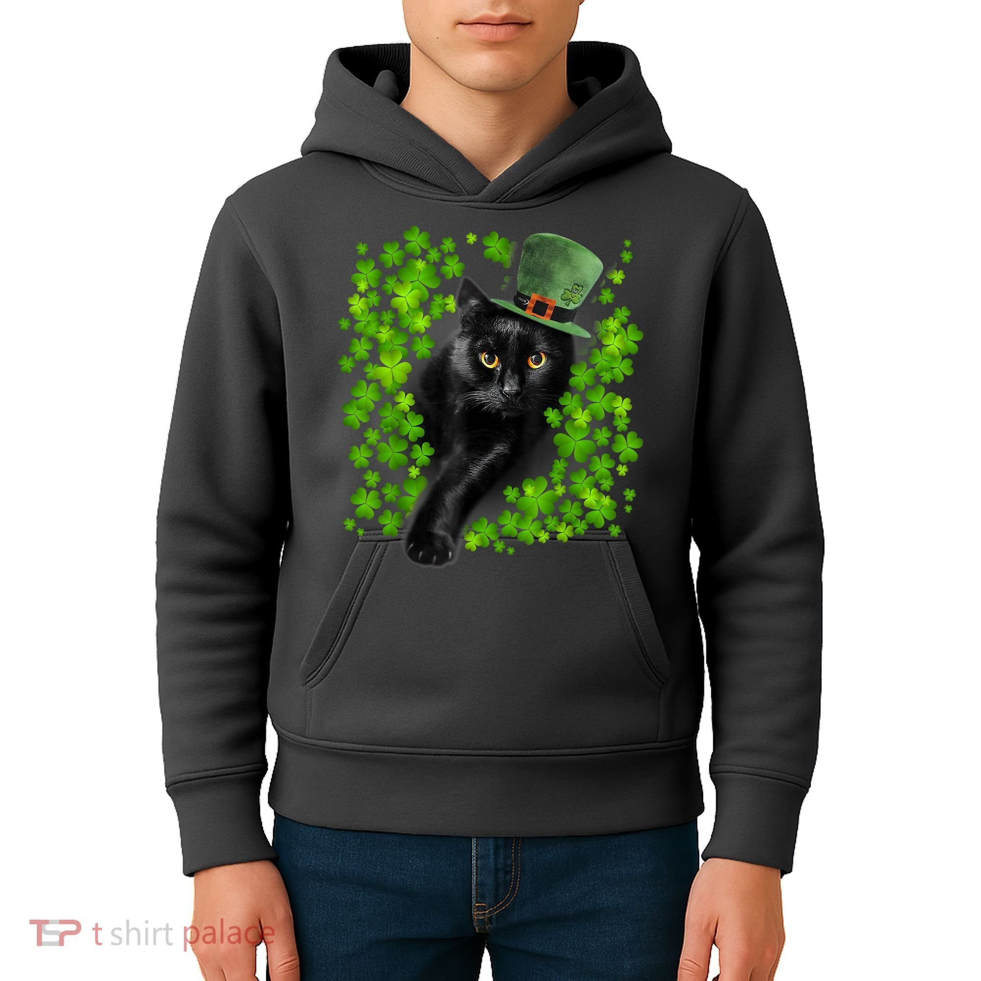 St Patrick Day Black Cat 3 Leaf Clover Kitten Lover Irish Kids Hoodie