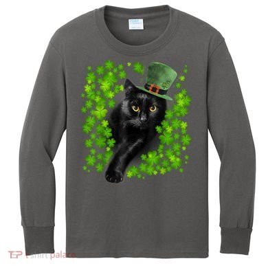 St Patrick Day Black Cat 3 Leaf Clover Kitten Lover Irish Kids Long Sleeve Shirt