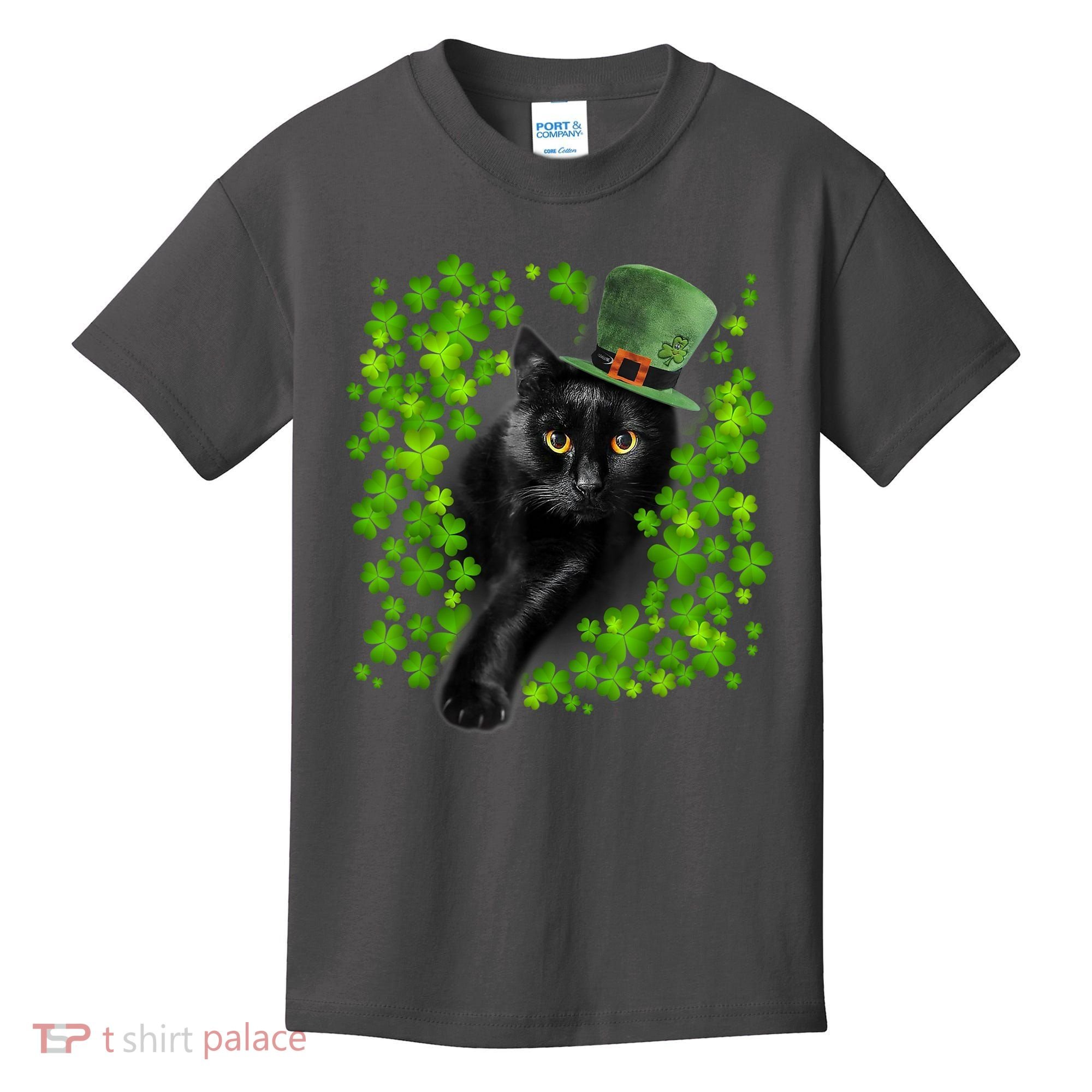 St Patrick Day Black Cat 3 Leaf Clover Kitten Lover Irish Kids T-Shirt