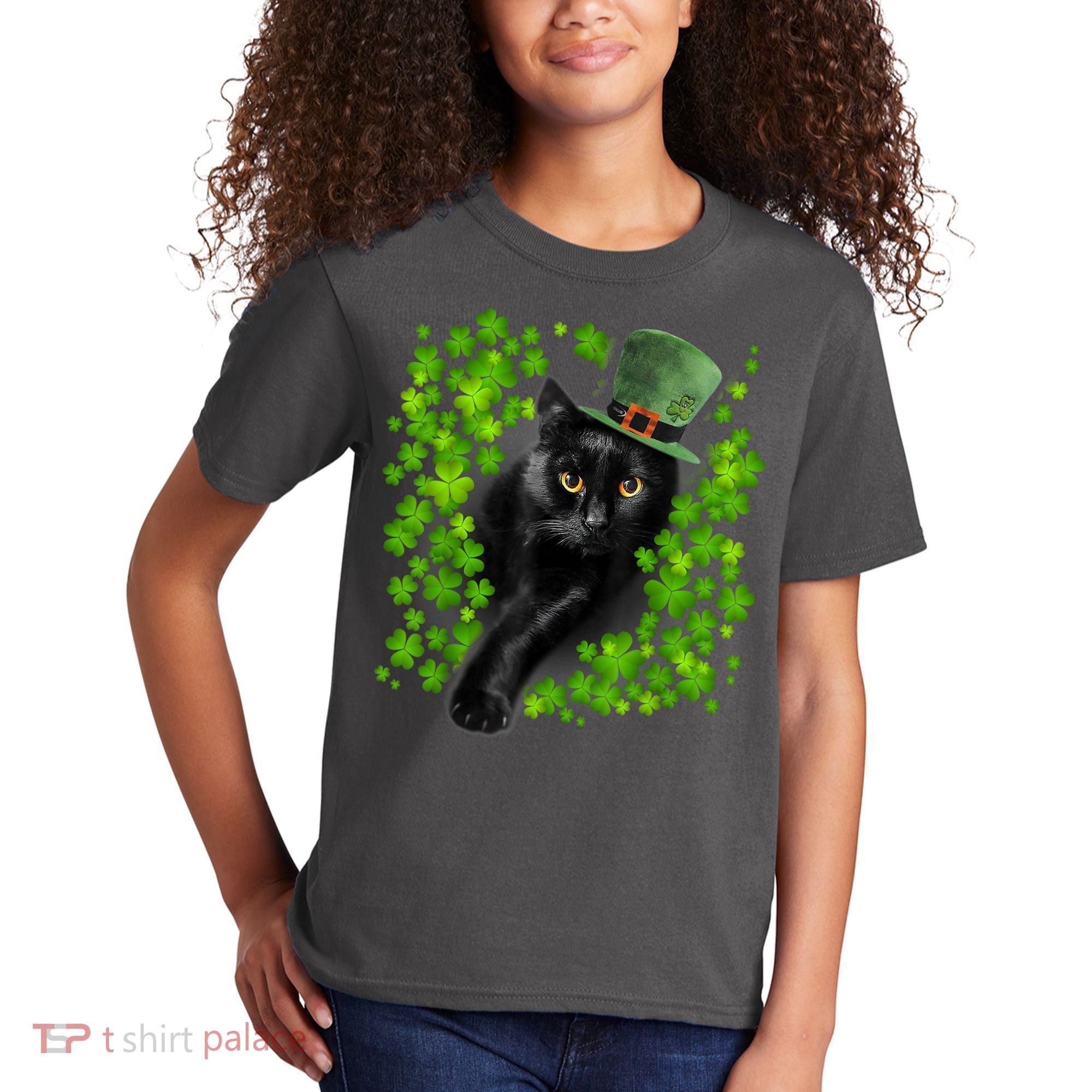 St Patrick Day Black Cat 3 Leaf Clover Kitten Lover Irish Kids T-Shirt