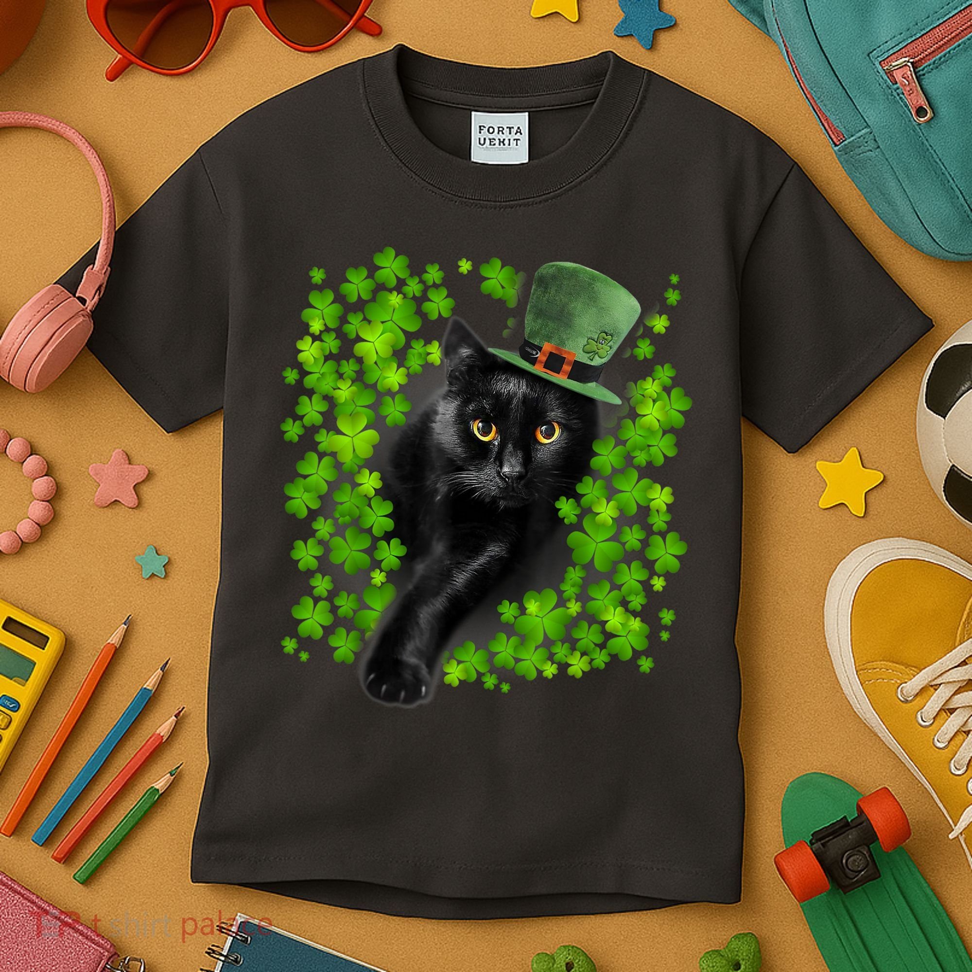 St Patrick Day Black Cat 3 Leaf Clover Kitten Lover Irish Kids T-Shirt