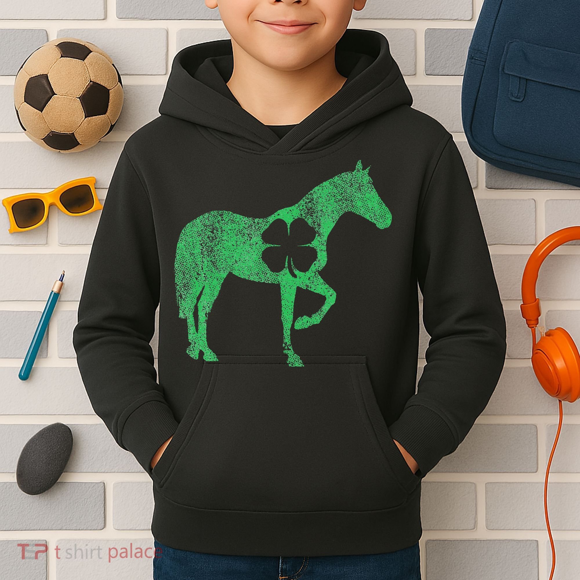St Patrick's Day Shamrock Horse Irish Green Saint Paddy's Kids Hoodie