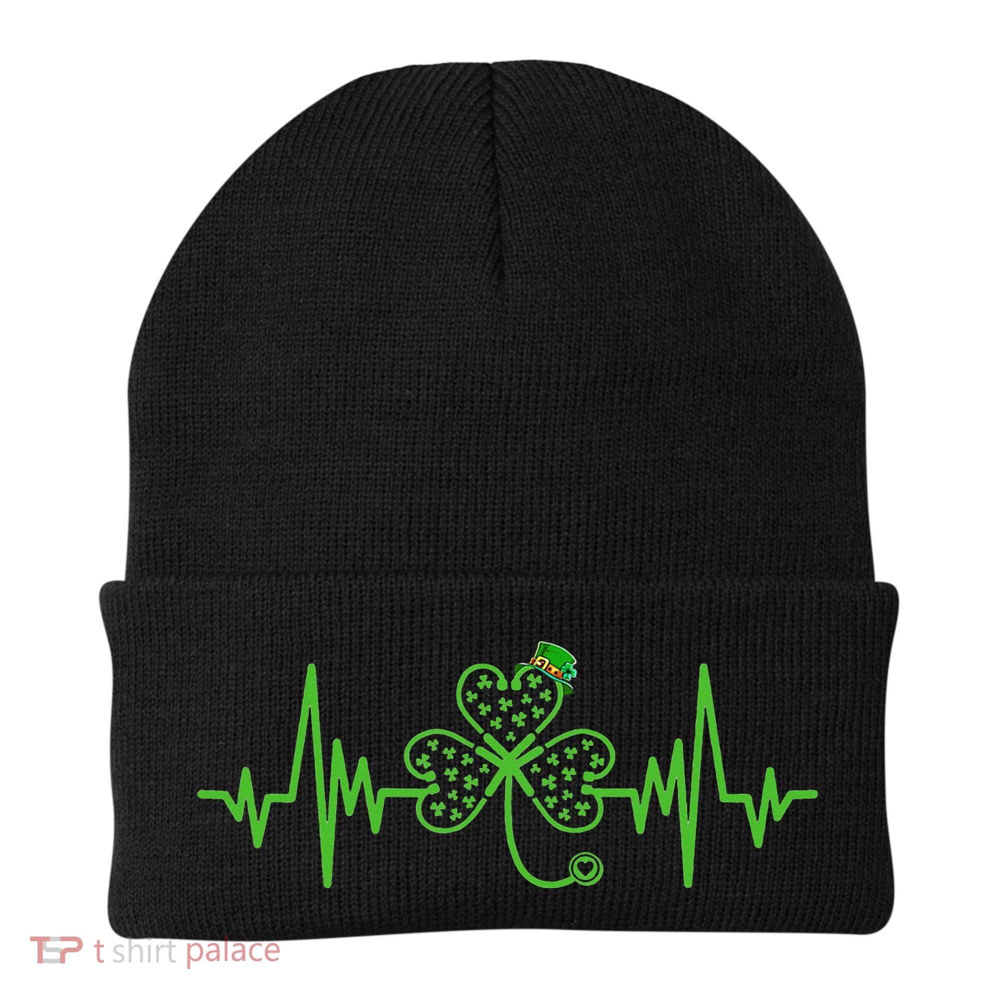 St Patricks Day Clover Heartbeat Irish Nurse Shamrock Beanie