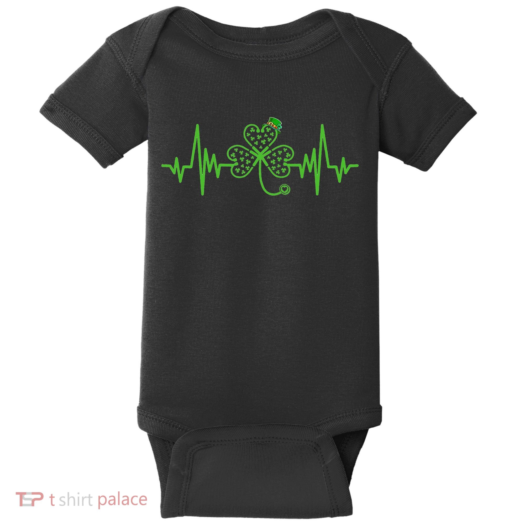 St Patricks Day Clover Heartbeat Irish Nurse Shamrock Baby Bodysuit