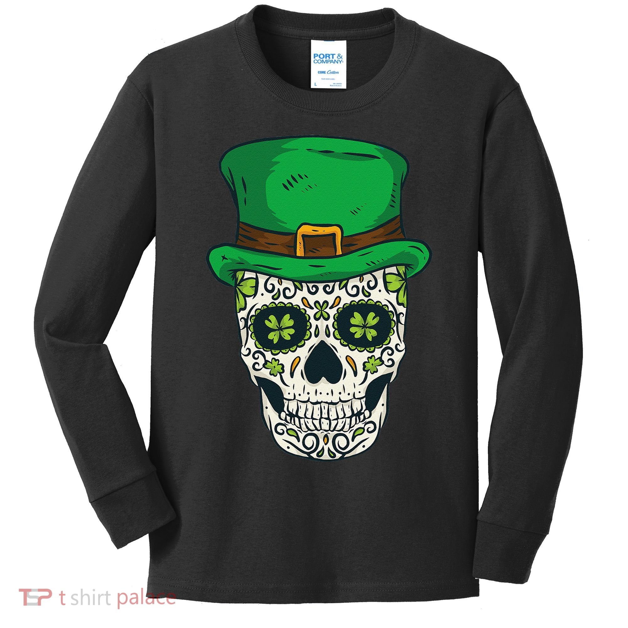 St Patrick's Day Sugar Skull Day Of Dead Saint Patricks Kids Long Sleeve Shirt