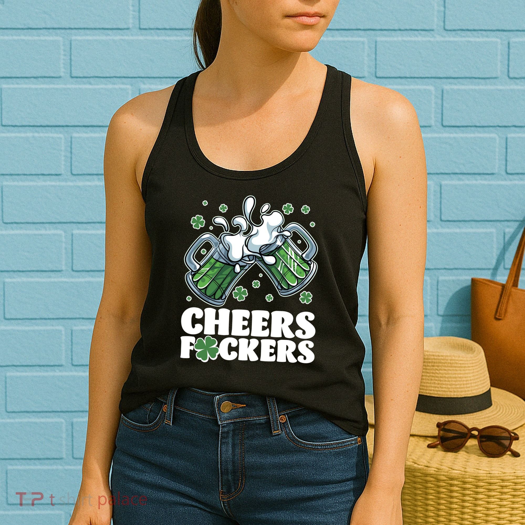 St Patricks Day Cheers Fckers Shamrock Clover Green Beer Women's Tank Top