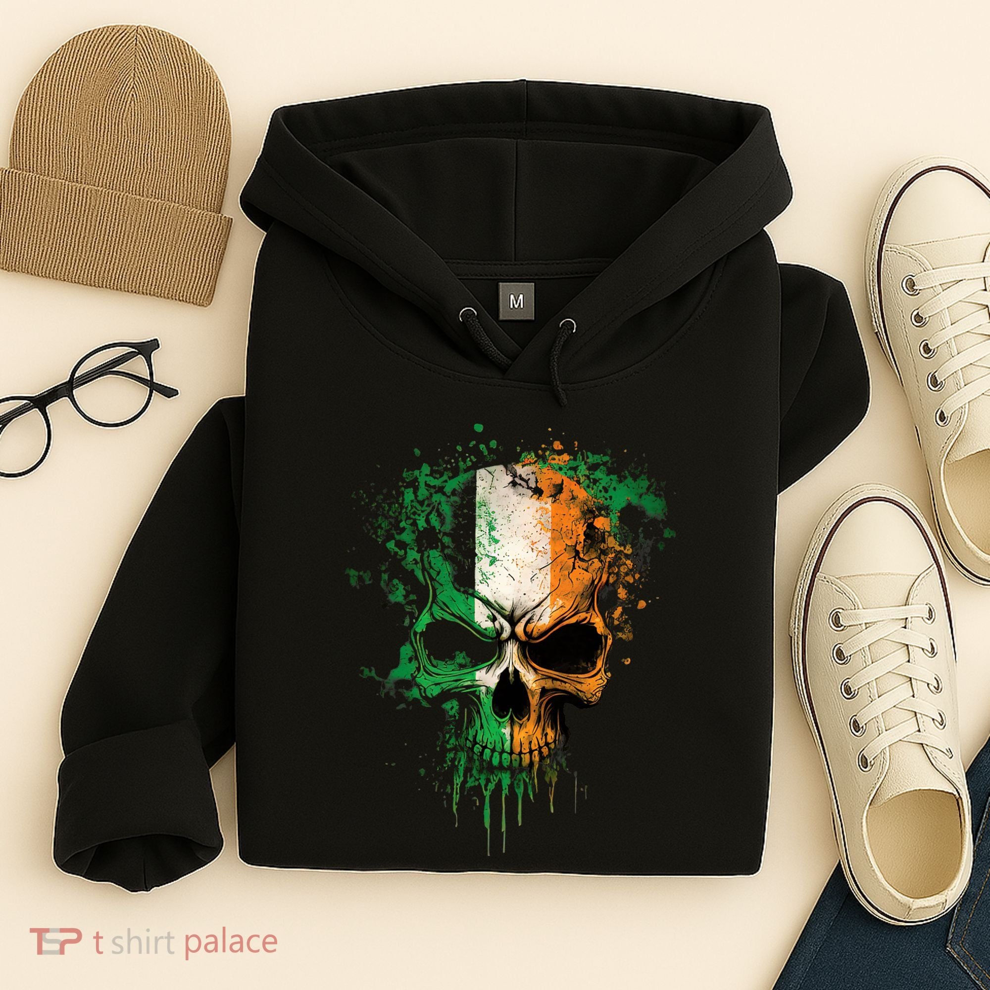 St Patricks Day Skull Irish Flag Teens Hoodie