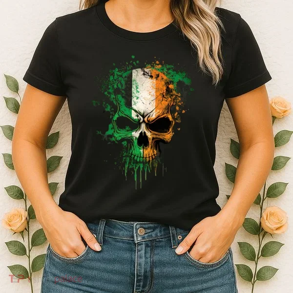 St Patricks Day Skull Irish Flag Teens Women's T-Shirt