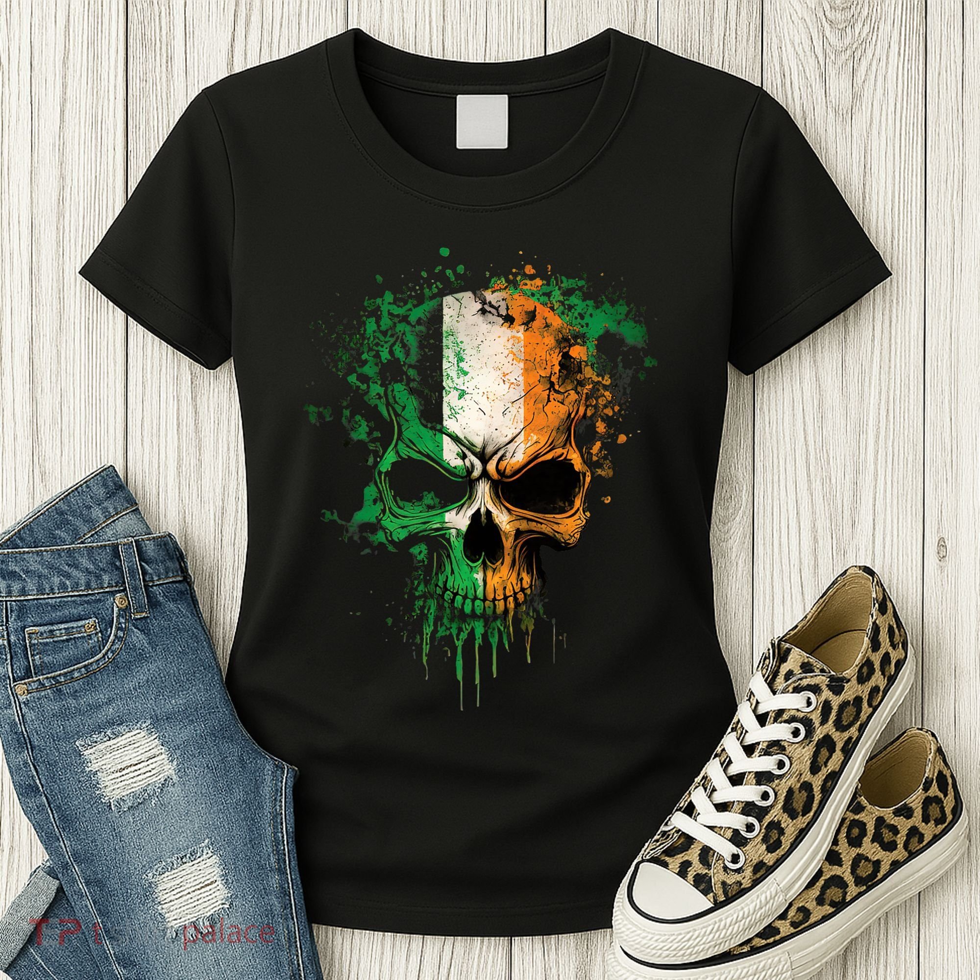 St Patricks Day Skull Irish Flag Teens Women's T-Shirt