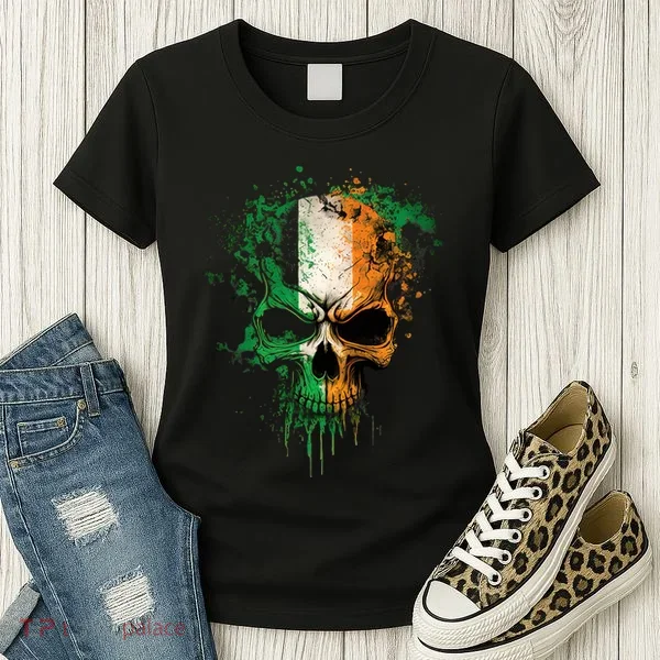 St Patricks Day Skull Irish Flag Teens Women's T-Shirt