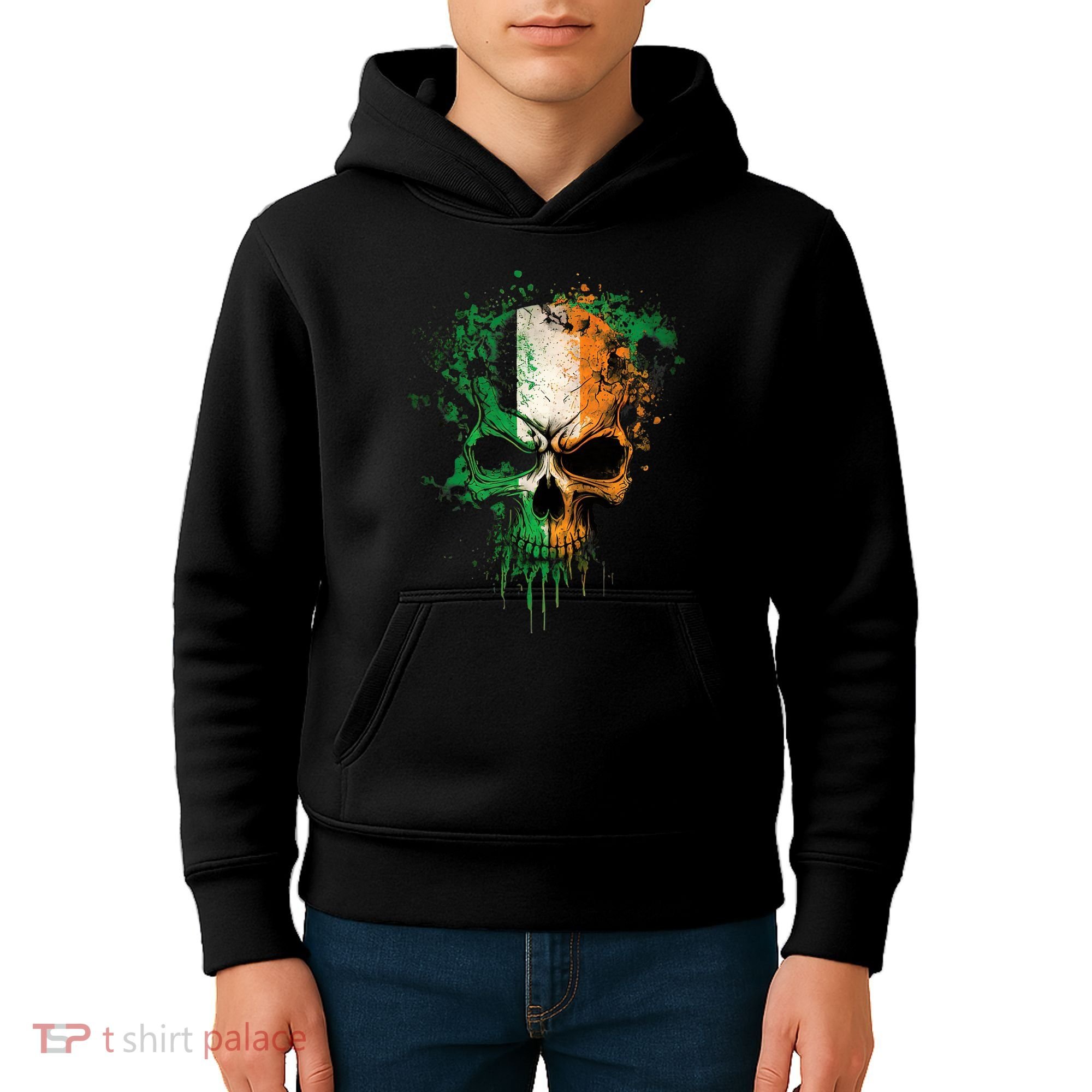 St Patricks Day Skull Irish Flag Teens Kids Hoodie