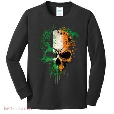 St Patricks Day Skull Irish Flag Teens Kids Long Sleeve Shirt