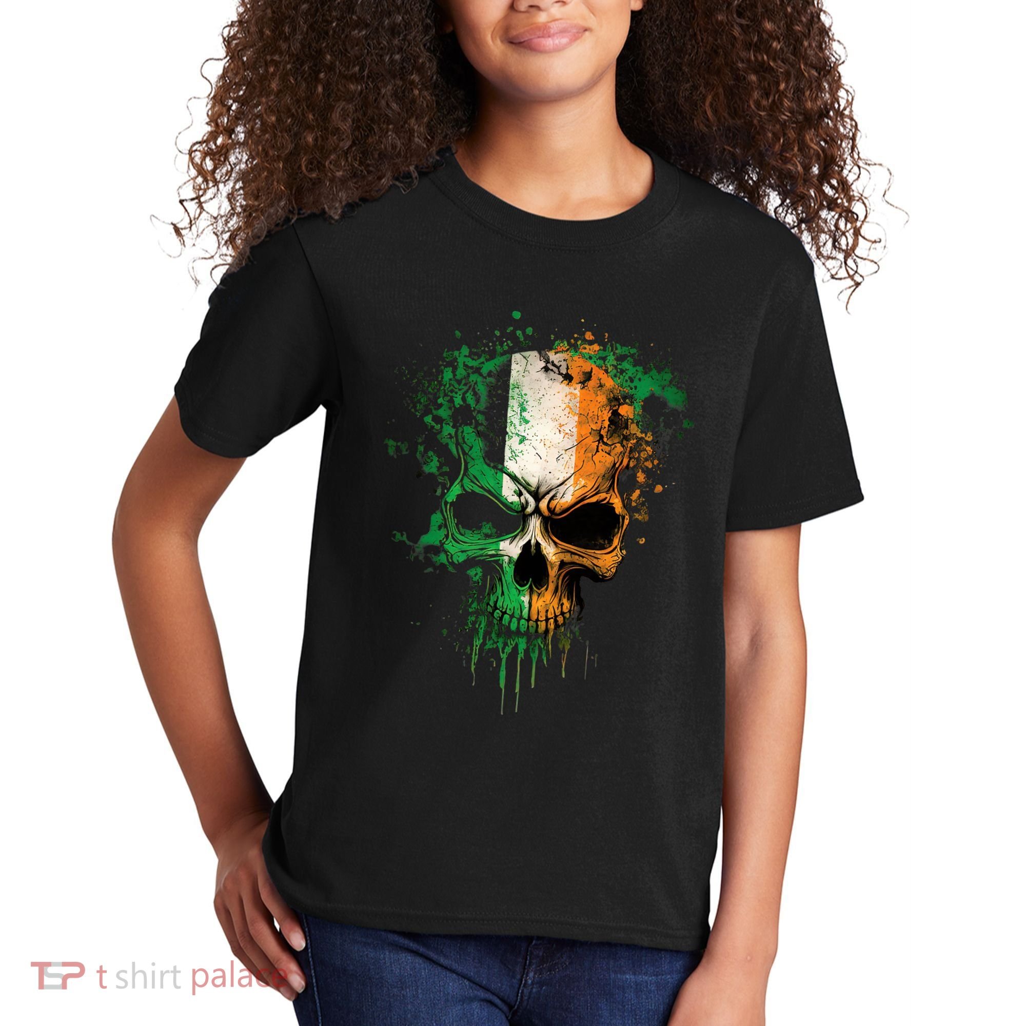 St Patricks Day Skull Irish Flag Teens Kids T-Shirt