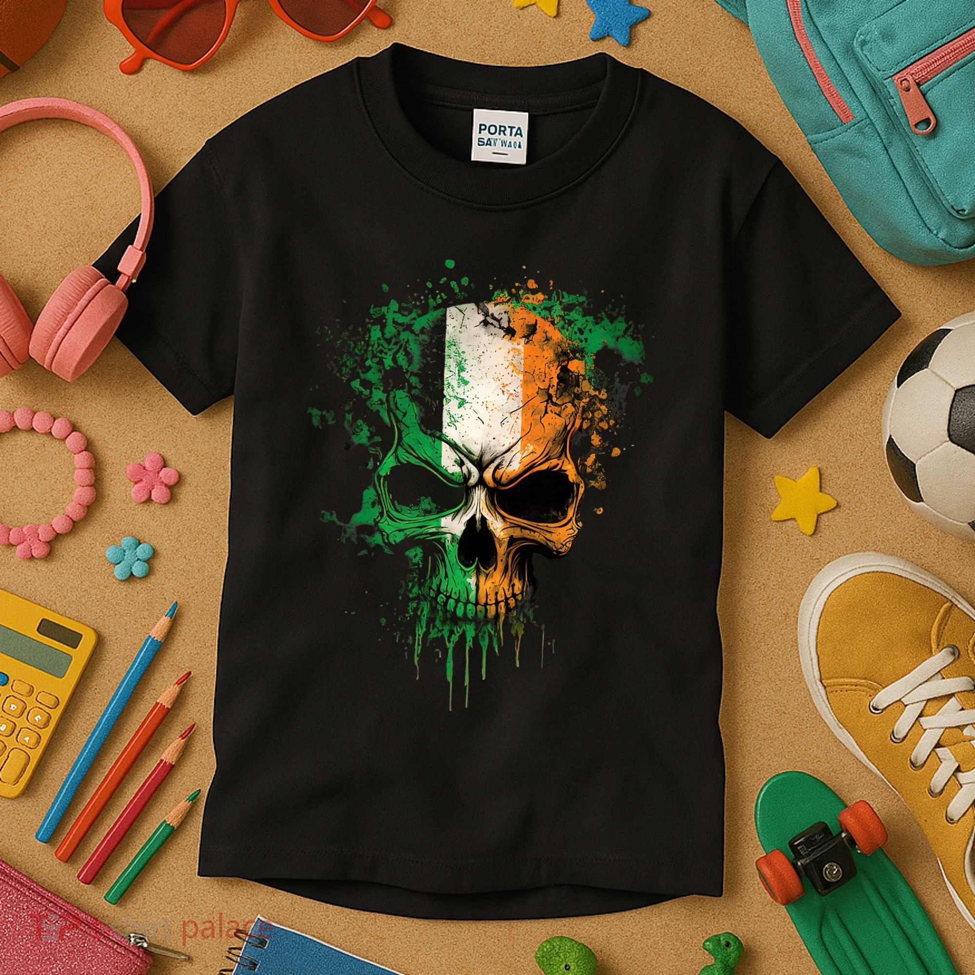 St Patricks Day Skull Irish Flag Teens Kids T-Shirt