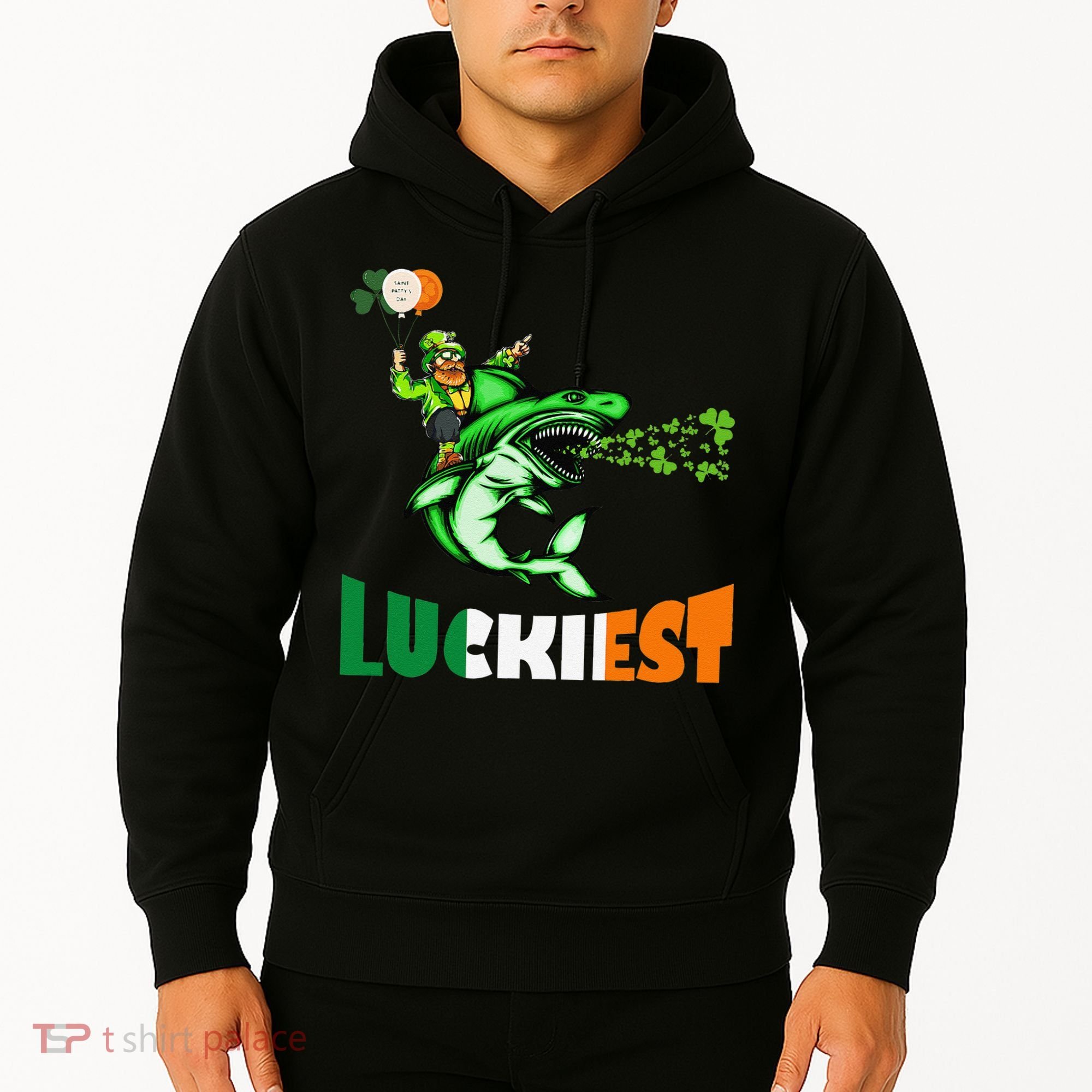 Saint Patrick's Day Funny Leprechaun Riding Shark Best Gift Hoodie