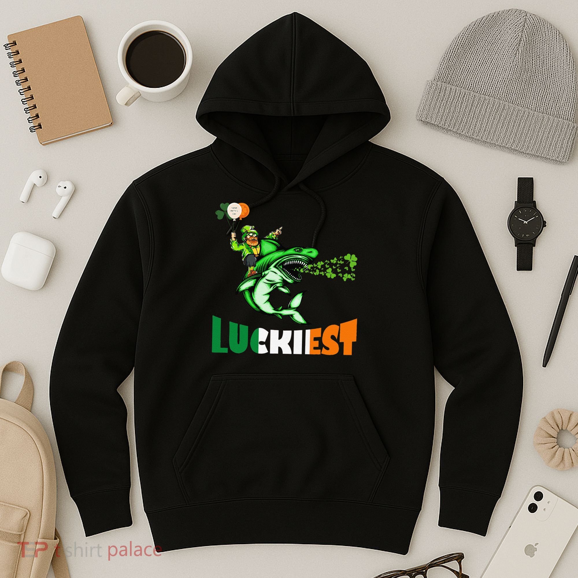 Saint Patrick's Day Funny Leprechaun Riding Shark Best Gift Hoodie