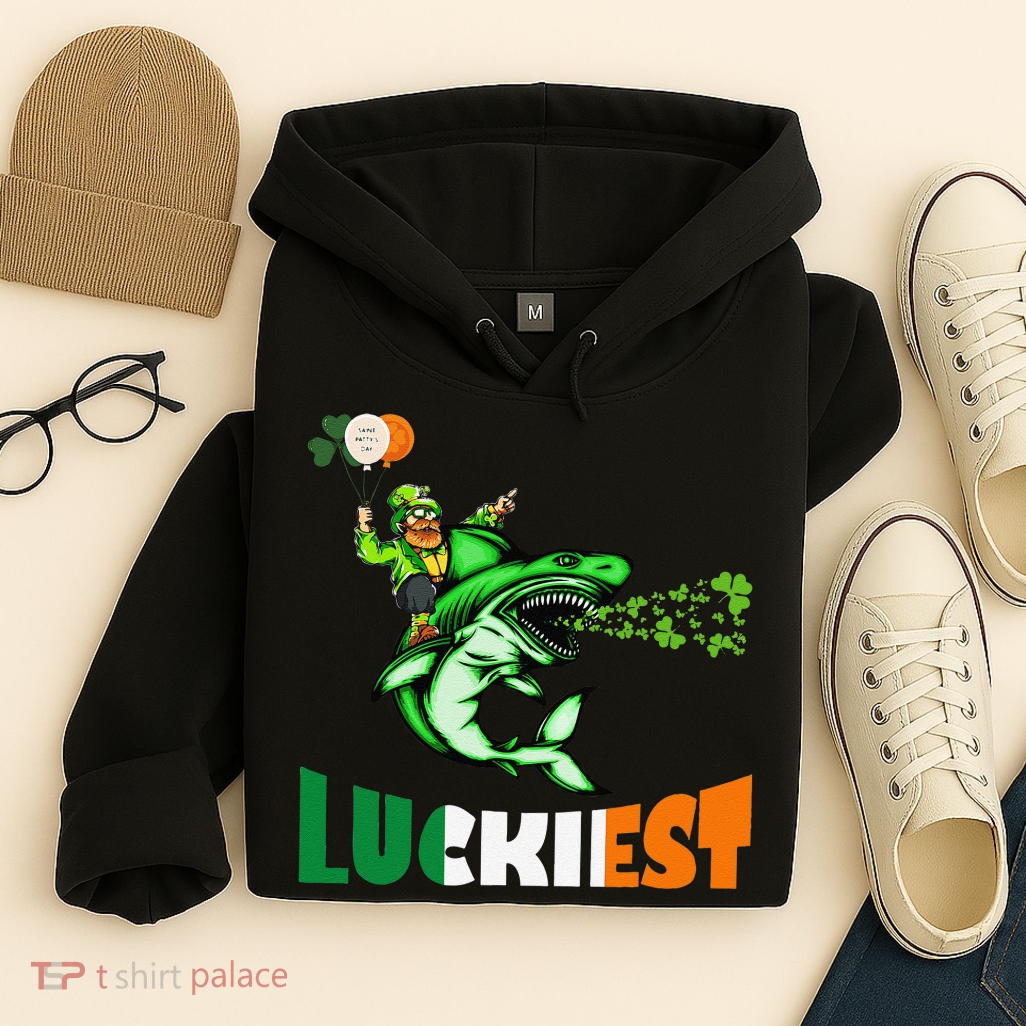 Saint Patrick's Day Funny Leprechaun Riding Shark Best Gift Hoodie