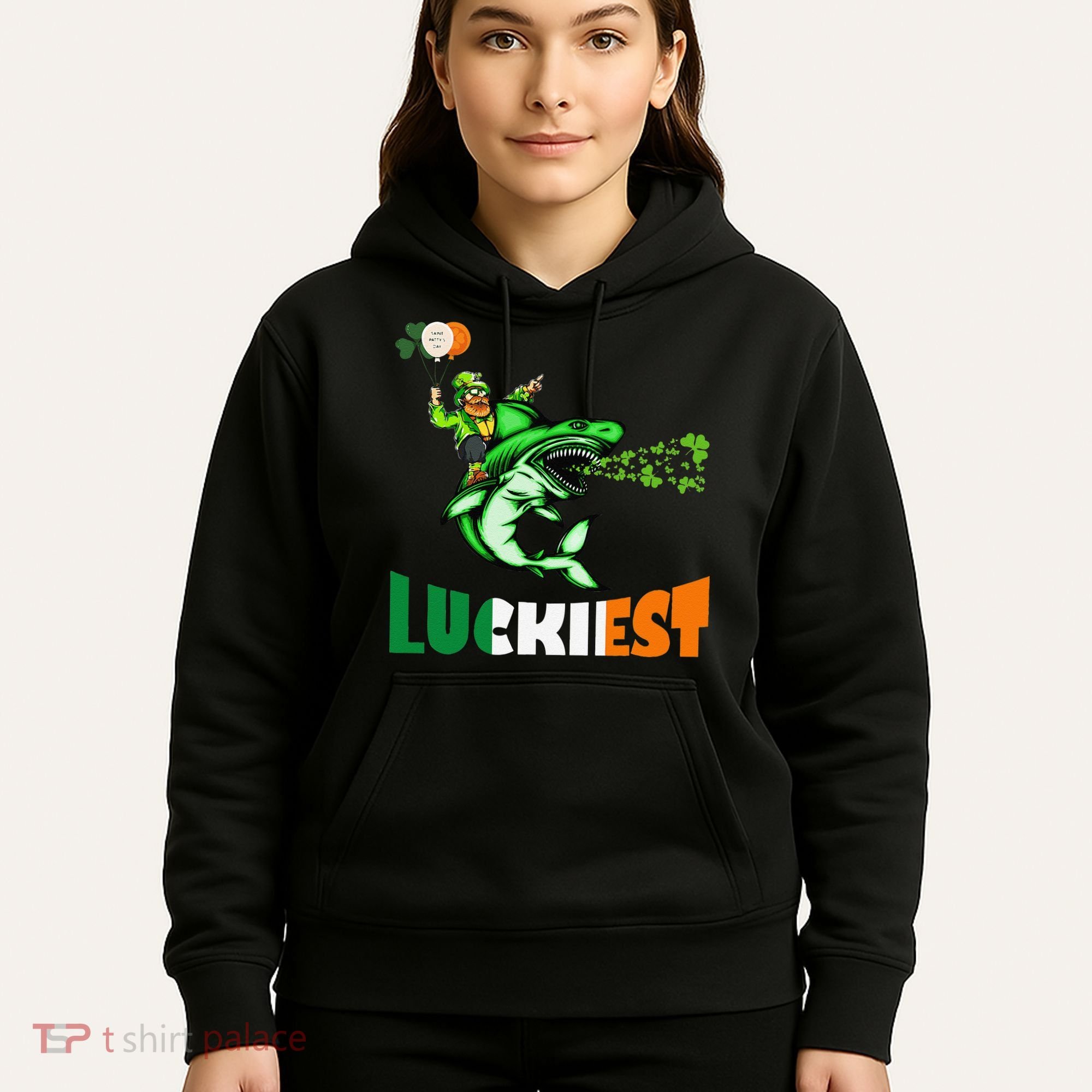 Saint Patrick's Day Funny Leprechaun Riding Shark Best Gift Hoodie