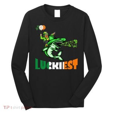 Saint Patrick's Day Funny Leprechaun Riding Shark Best Gift Long Sleeve Shirt