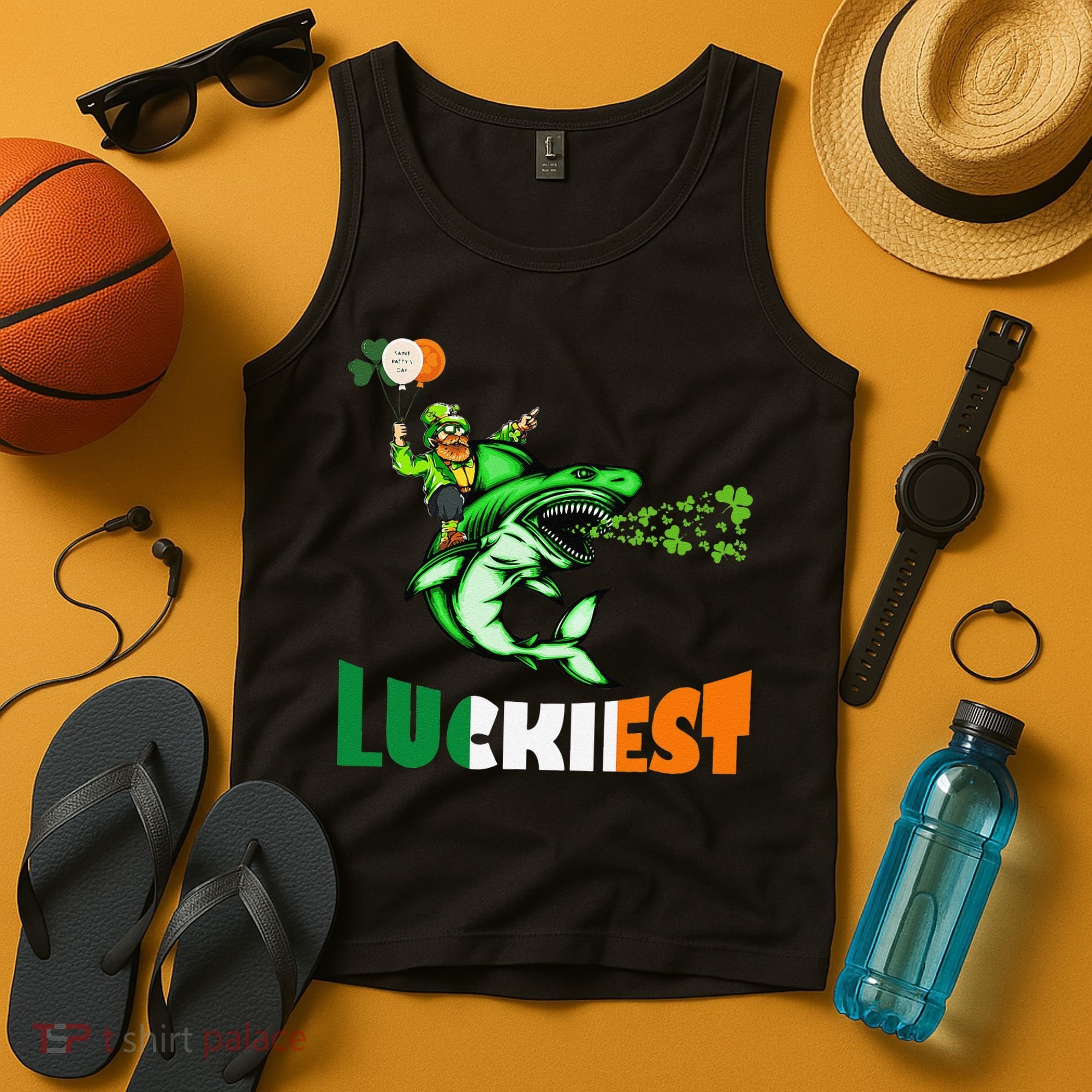Saint Patrick's Day Funny Leprechaun Riding Shark Best Gift Tank Top