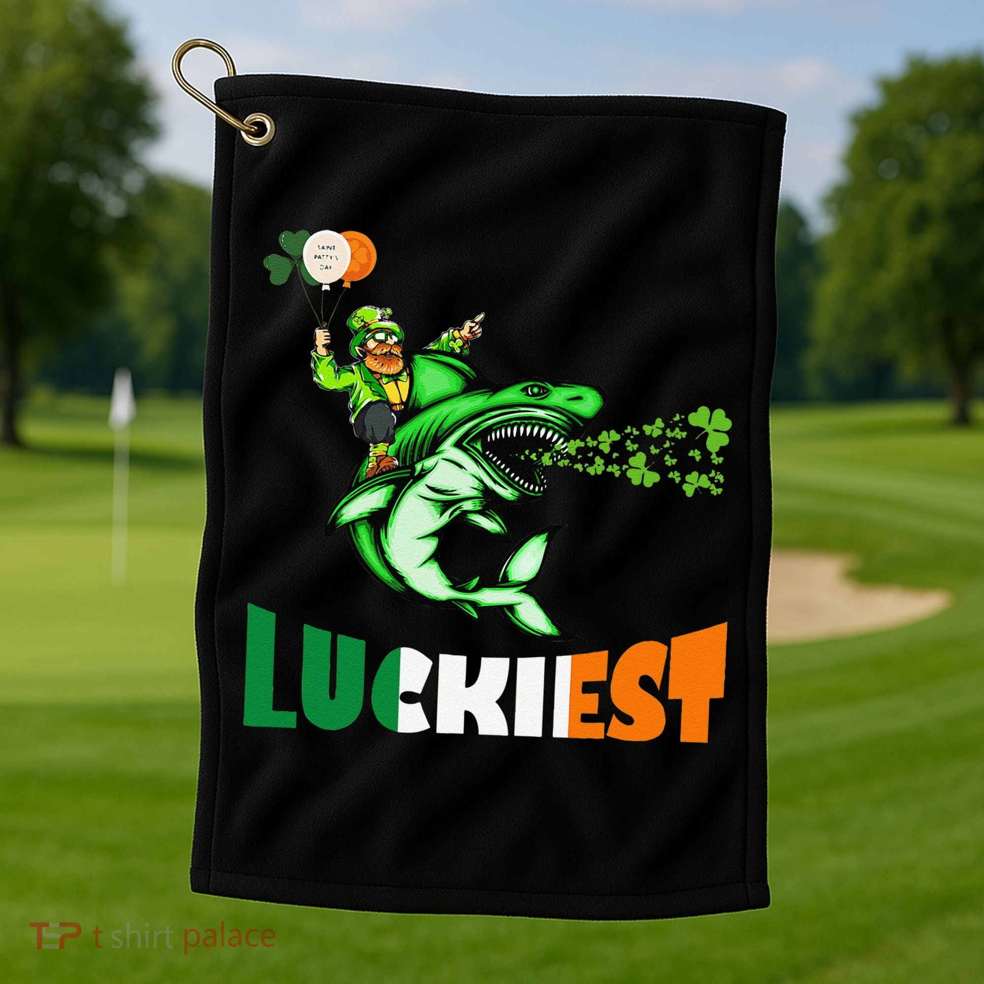 Saint Patrick's Day Funny Leprechaun Riding Shark Best Gift Golf Towel