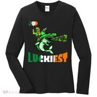 Saint Patrick's Day Funny Leprechaun Riding Shark Best Gift Women's Long Sleeve Shirt thumb 0